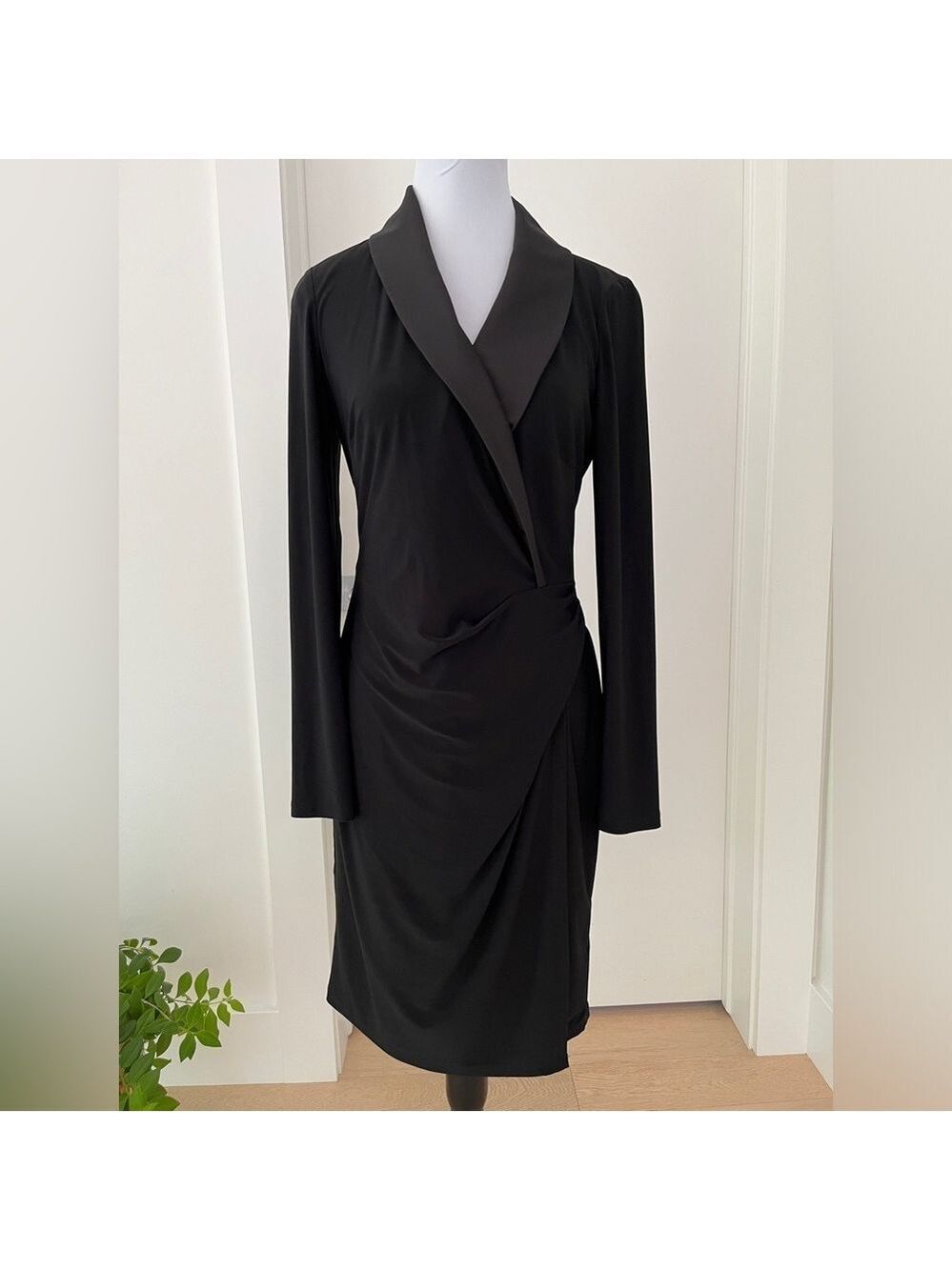 CHAPS Shawl Collar Faux Wrap Front V Neck Midi Dress Formal Tuxedo Elegant Chic